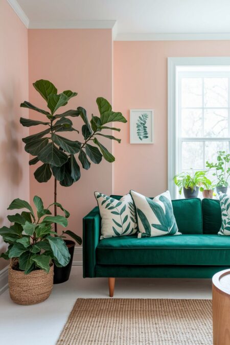 modern living room with light soft blush pink walls and emerald green sofa
