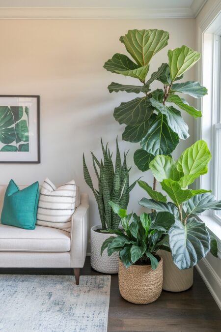 modern living room with neutral walls, fiddle-leaf figs and other houseplants