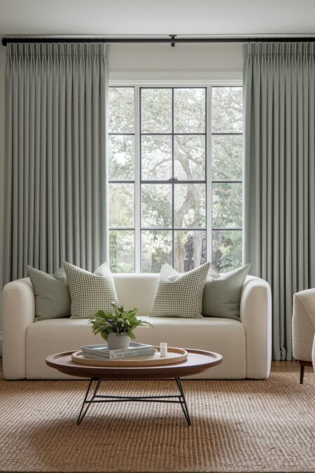 modern living room with sage green curtains and a cream sofa