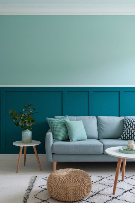 modern living room with two-tone walls (bold teal below and soft seafoam above)
