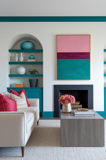 modern living room with white walls, a colorful artwork above a fireplace, teal trim and furniture