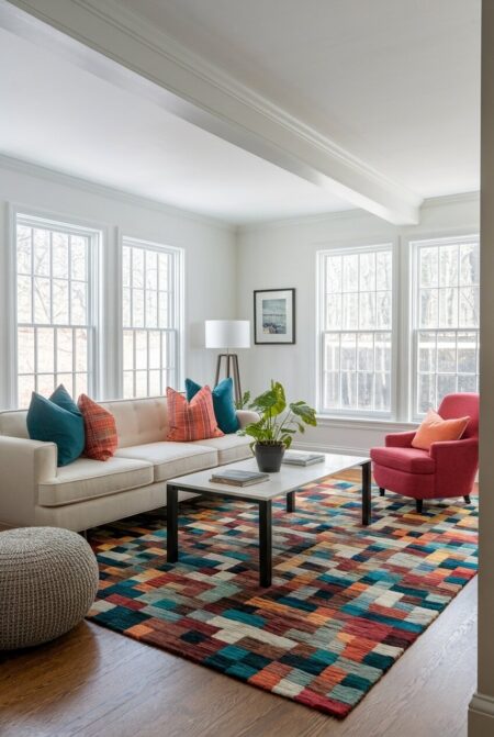 modern living room with white walls and a colorful area rug
