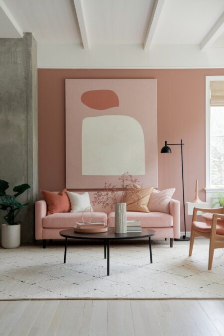 modern millennial pink living room with black and concrete accents, a large abstract artwork, white oak furniture, and pale flooring