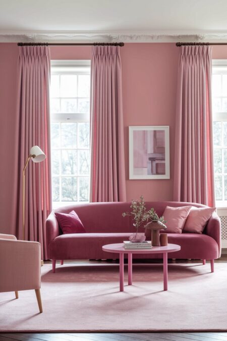 modern monochromatic pink living room with pale blush walls and dusty rose sofa