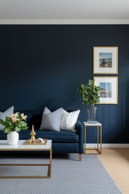 modern navy blue living room with brass accents