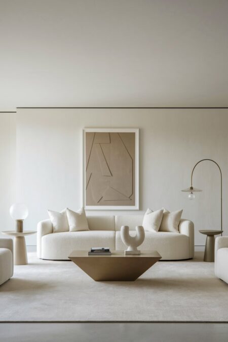 modern neutral living room with a streamlined sofa, a geometric coffee table, and an oversized abstract art