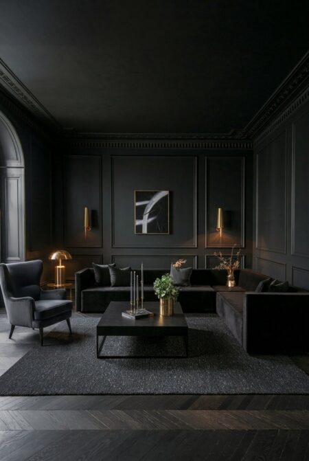 monochromatic all-dark living room with a velvet sectional sofa and brass light fixtures