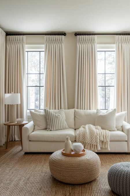 monochromatic cream living room with modern furniture, a chunky knit throw, and a jute area rug