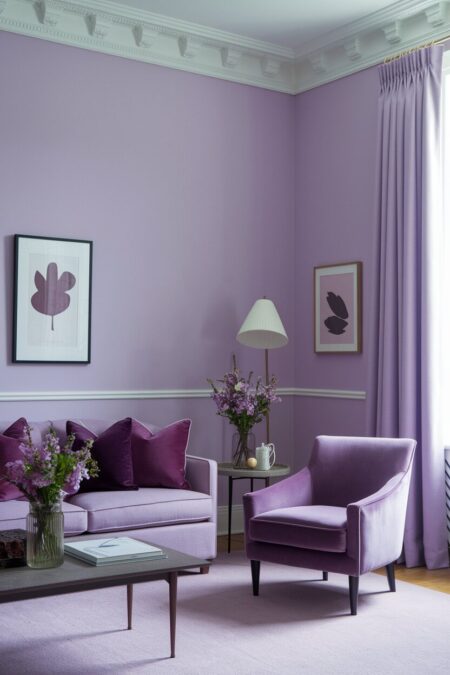 monochromatic lavender living room with velvet deep plum throw pillows