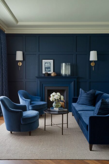 monochromatic navy blue living room with a fireplace
