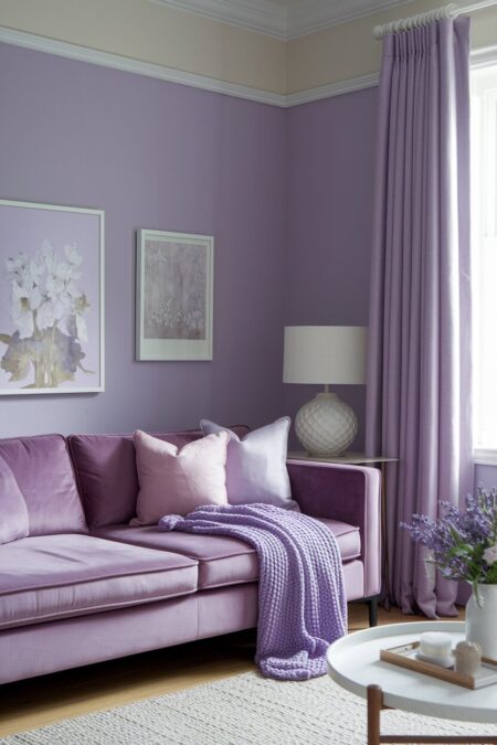 monochromatic pastel living room with dusty lavender walls, a purple velvet sofa, and lilac throw pillows