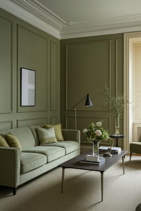 monochromatic sage green living room with cream window trim
