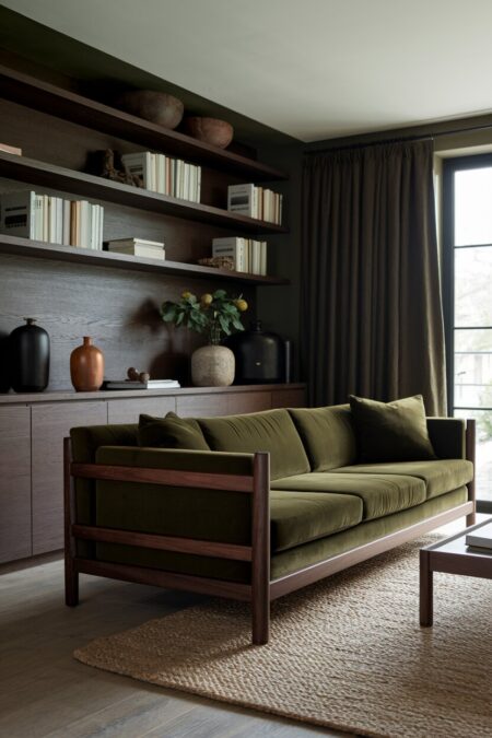 moody earthy living room with dark walnut wood furniture and a deep olive green velvet sofa