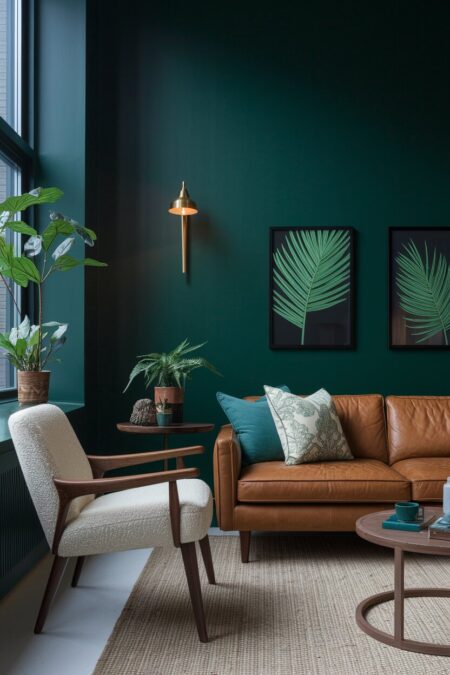 moody forest green living room with rich walnut furniture, cognac leather sofa, cream accent chair, and botanical prints