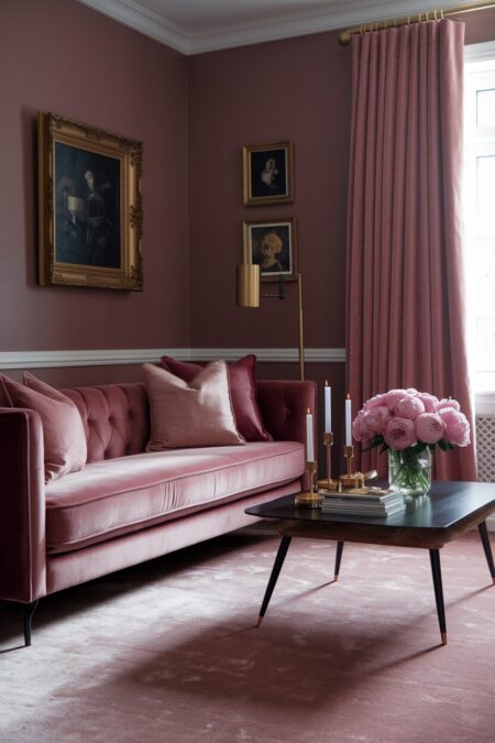 moody romantic living room with a deep rose velvet sofa, gold picture frames, and blush area rug