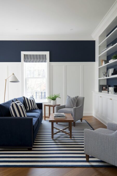 navy blue and white living room with striped decor