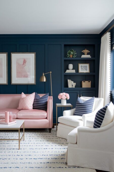 navy blue living room with a blush pink sofa and white cotton accent chairs, striped navy and white throw pillows