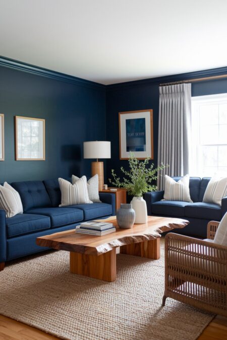 navy blue living room with a live-edge wood coffee table and rattan armchair