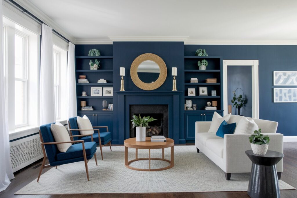 16 Navy Blue Living Room Ideas That Bring Depth and Drama to Any Space navy blue living room with an off-white sofa and area rug
