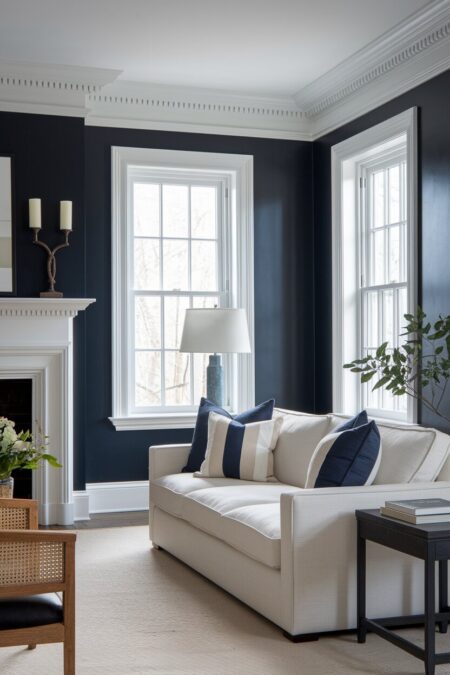navy blue living room with white trims and a fireplace