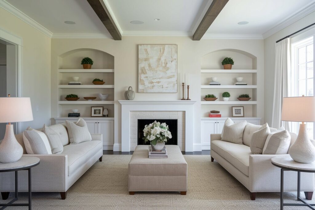 17 Neutral Living Room Ideas to Perfect a Cozy Atmosphere neutral living room with a fireplace, ceiling beams, and two sofas