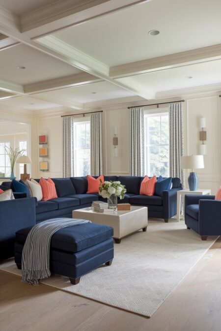 neutral living room with a navy blue sectional sofa, ottoman, and armchairs