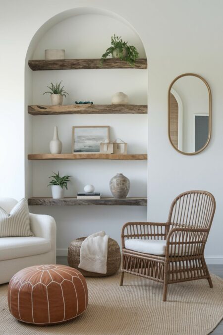 neutral living room with a rattan chair, leather ottoman, and live-edge wood shelves