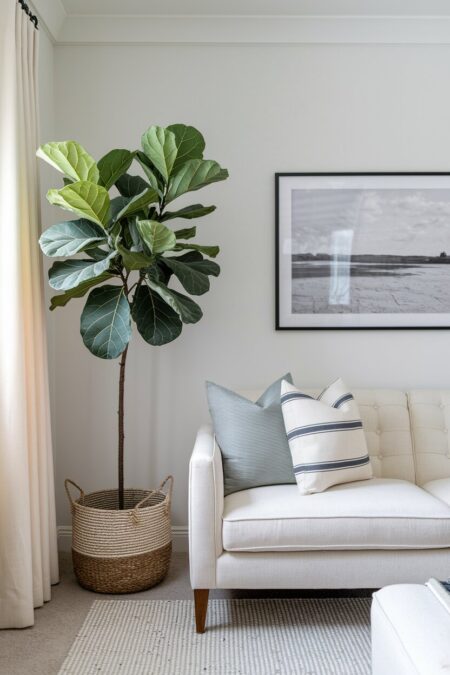 neutral living room with a tall fiddle-leaf fig beside a cream sofa