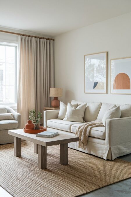 neutral living room with an oatmeal tone linen sofa, cream throw pillows, a jute area rug, and a few terracotta accents