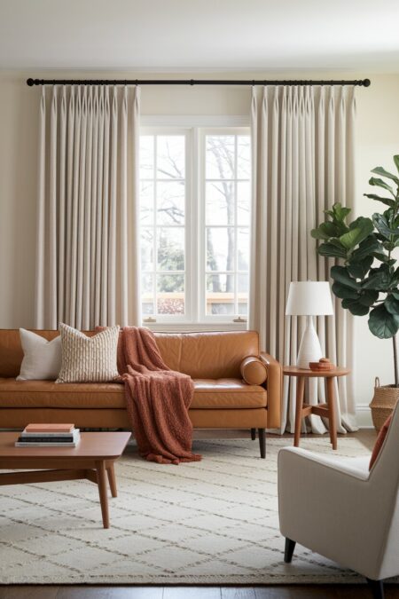 neutral living room with cream linen curtains and a caramel leather sofa