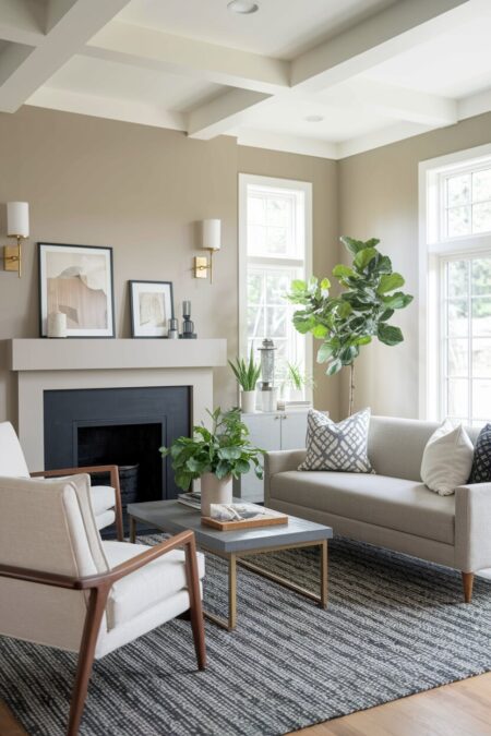 neutral living room with greige walls, a charcoal area rug, linen armchairs, brass hardware, and wooden accents