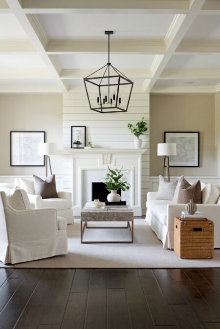 neutral living room with ivory walls, a fireplace, a cream sofa, deep espresso wood floors, and black iron light fixtures
