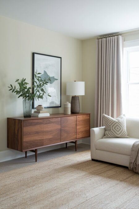 neutral living room with ivory walls, a walnut console, light color sofa, and linen curtains