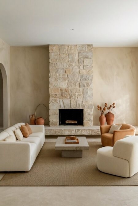 neutral living room with sandy beige walls, a stone fireplace, off-white low-slung seating, and terracotta vessels