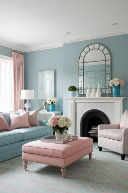 pastel living room with ice blue walls, blush pink decor, silver accents, and mirror above the mantel