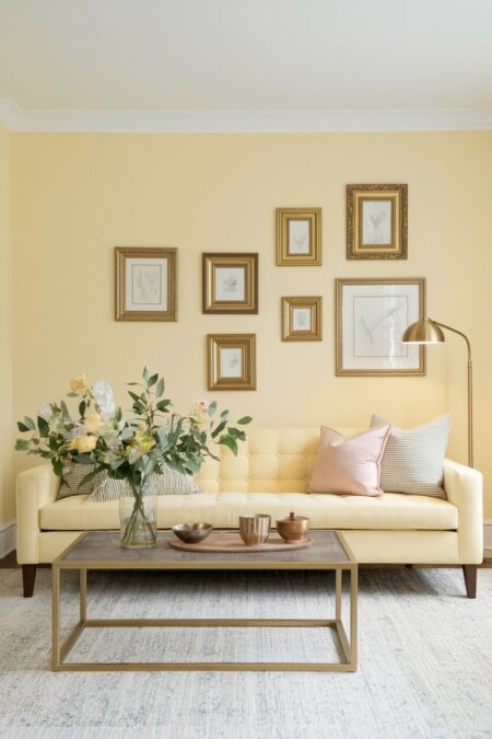 pastel living room with pale yellow walls and brass accents in decor