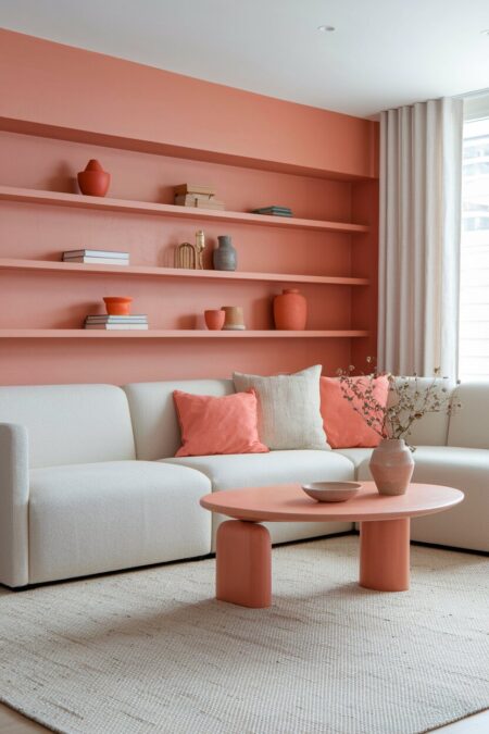 pastel living room with peach walls, a cream corner sofa, terracotta-toned ceramics, and light curtains