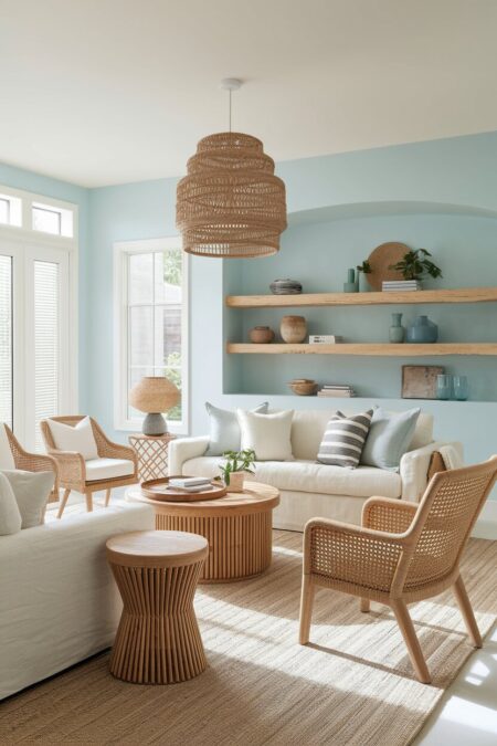 pastel living room with powder blue walls, rattan and wicker accents, cane-back chairs, and linen slipcovers