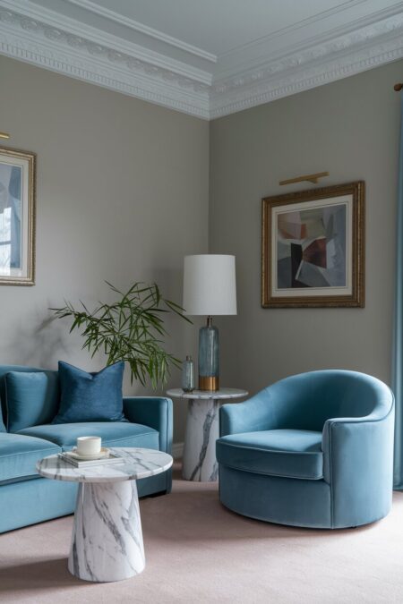 pastel living room with soft gray walls, dusty blue velvet furniture, old gold picture frames, a white marble side table and coffee table
