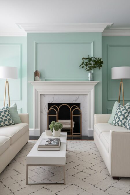 pastel living room with soft mint accent wall behind the fireplace, white trim, off-white sofas, and brushed nickel accents