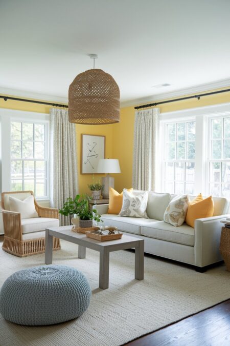 pastel yellow living room with a soft gray sofa, rattan chair, and a woven pendant shade