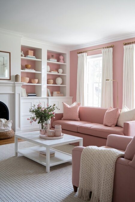 pink and white living room with a fireplace, blush sofa, white bookshelves and curtains