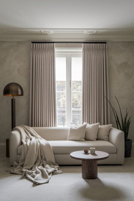 quiet luxury neutral living room with a metal sculptural floor lamp, plastered wall, modern sofa, and a cashmere throw