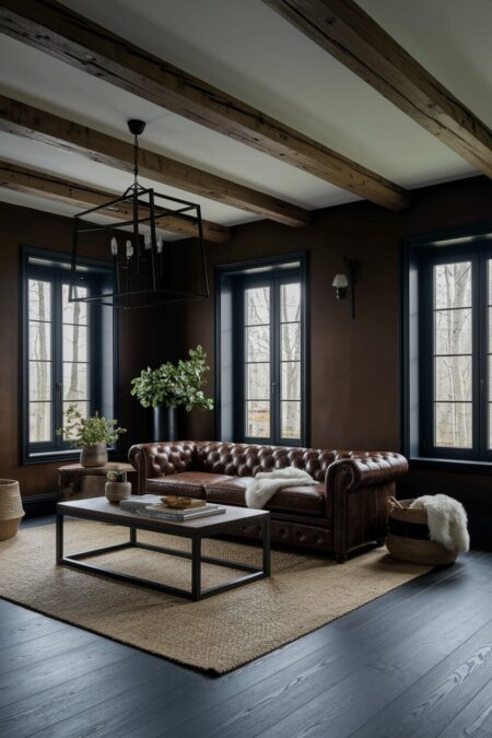 rustic dark living room with brown walls, exposed beams, leather Chesterfield sofa, iron pendant light