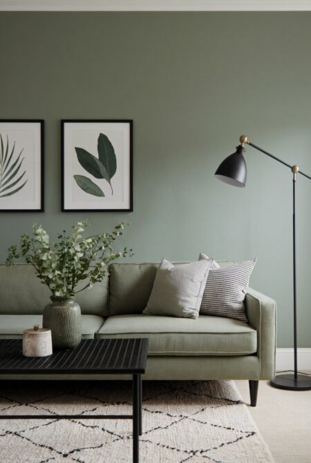 sage green living room with black accents in decor