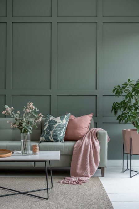 sage green living room with board and batten, dusty rose throw pillow and blanket