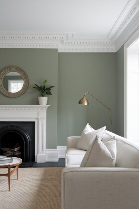 sage green living room with crisp white trim