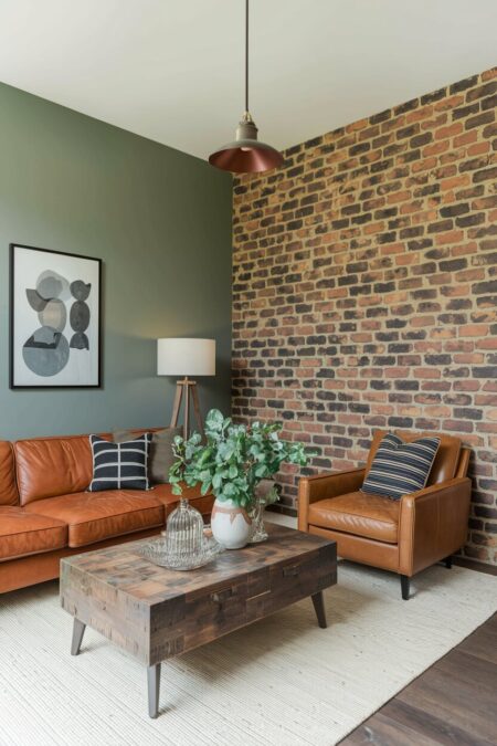 sage green living room with exposed brick wall, leather furniture, and a reclaimed wood coffee table