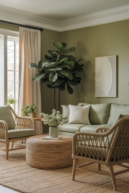 sage green living room with rattan chairs and cream decor