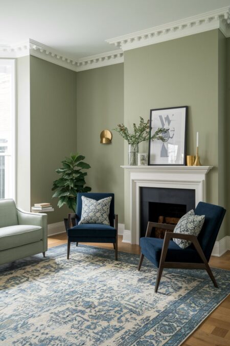sage green living room with two navy blue accent chairs